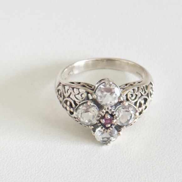 CNA Designer 925 Sterling Silver White Topaz & Ruby Filigree Flower Ring Size 8 - Picture 4 of 10